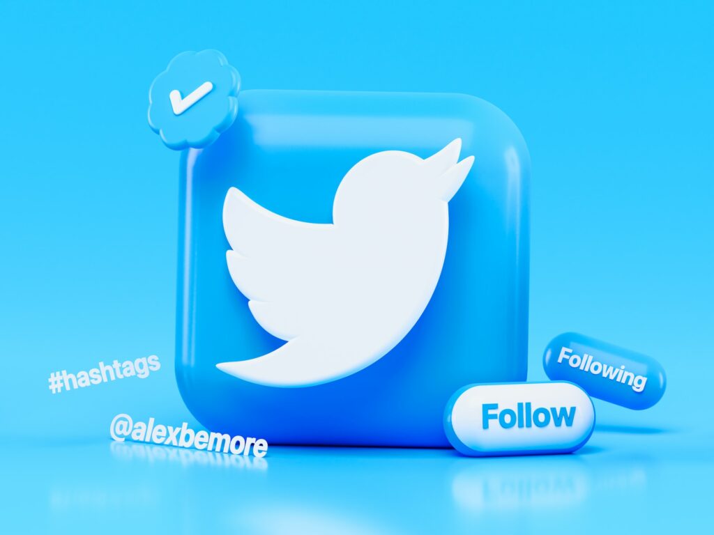 Twitter-related 3D icons in white and baby blue color