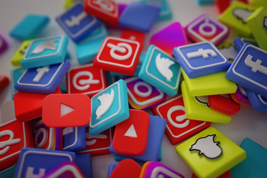 Various social media logos scattered