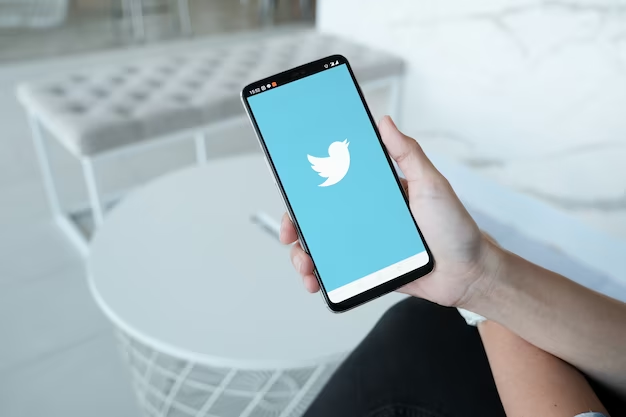 Hand holding a phone featuring the Twitter logo