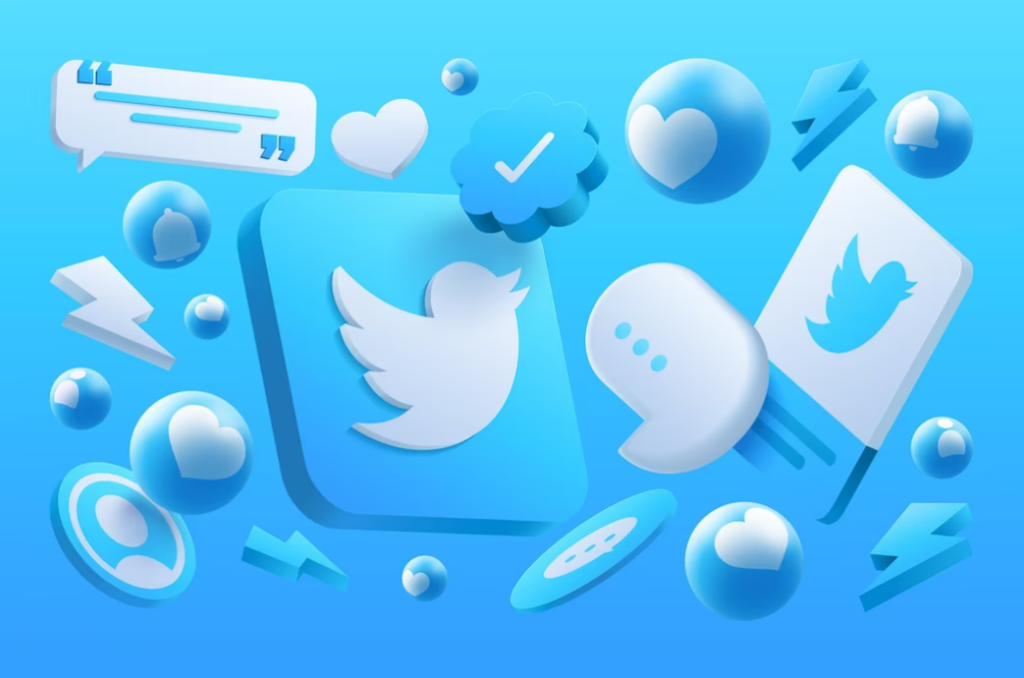 blue icons of Twitter logo, ball with heart, message icon on blue background