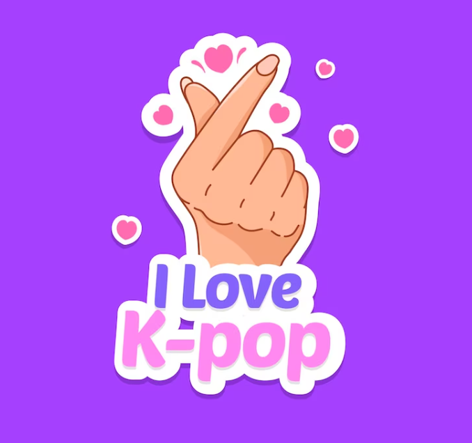 hand showing the heart with fingers and words I love k-pop on purple background