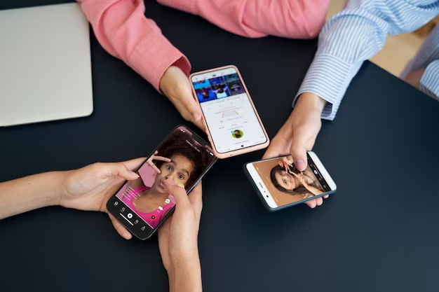 Three people's hands on a table, each holding a phone and browsing