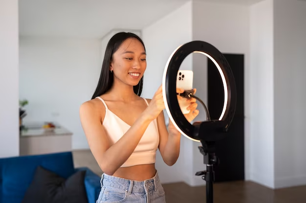 Smiling woman in front of a ring light with a phone