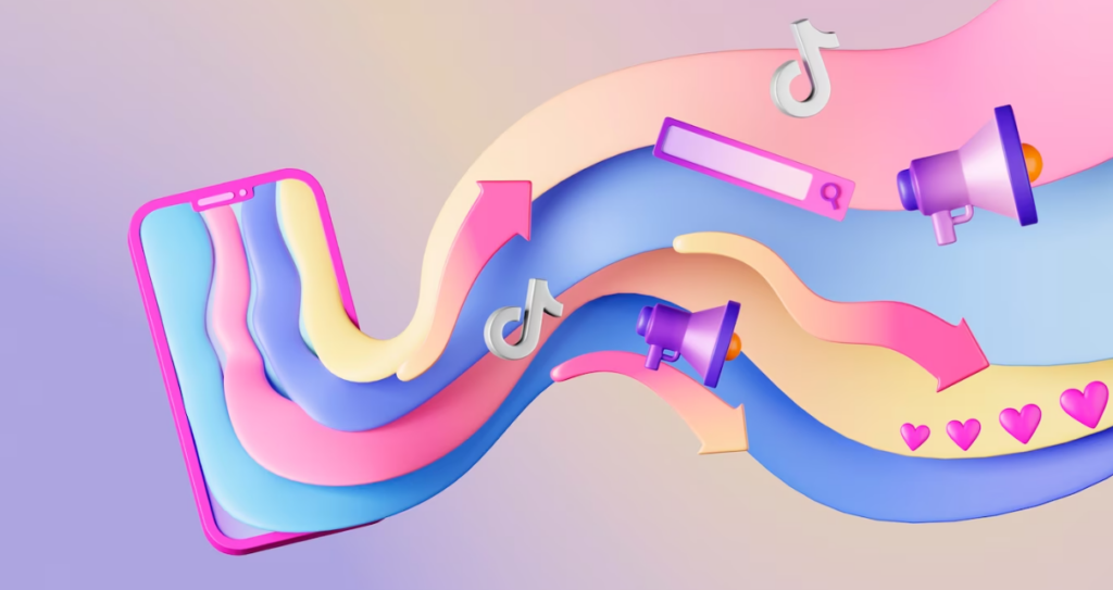 colorful picture of pink phone and symbols of TikTok and hearts near it