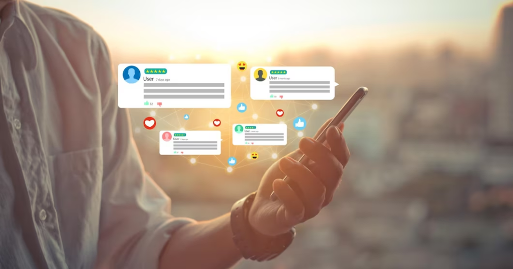 Person holding a phone with a sunny background and social media graphics overlay